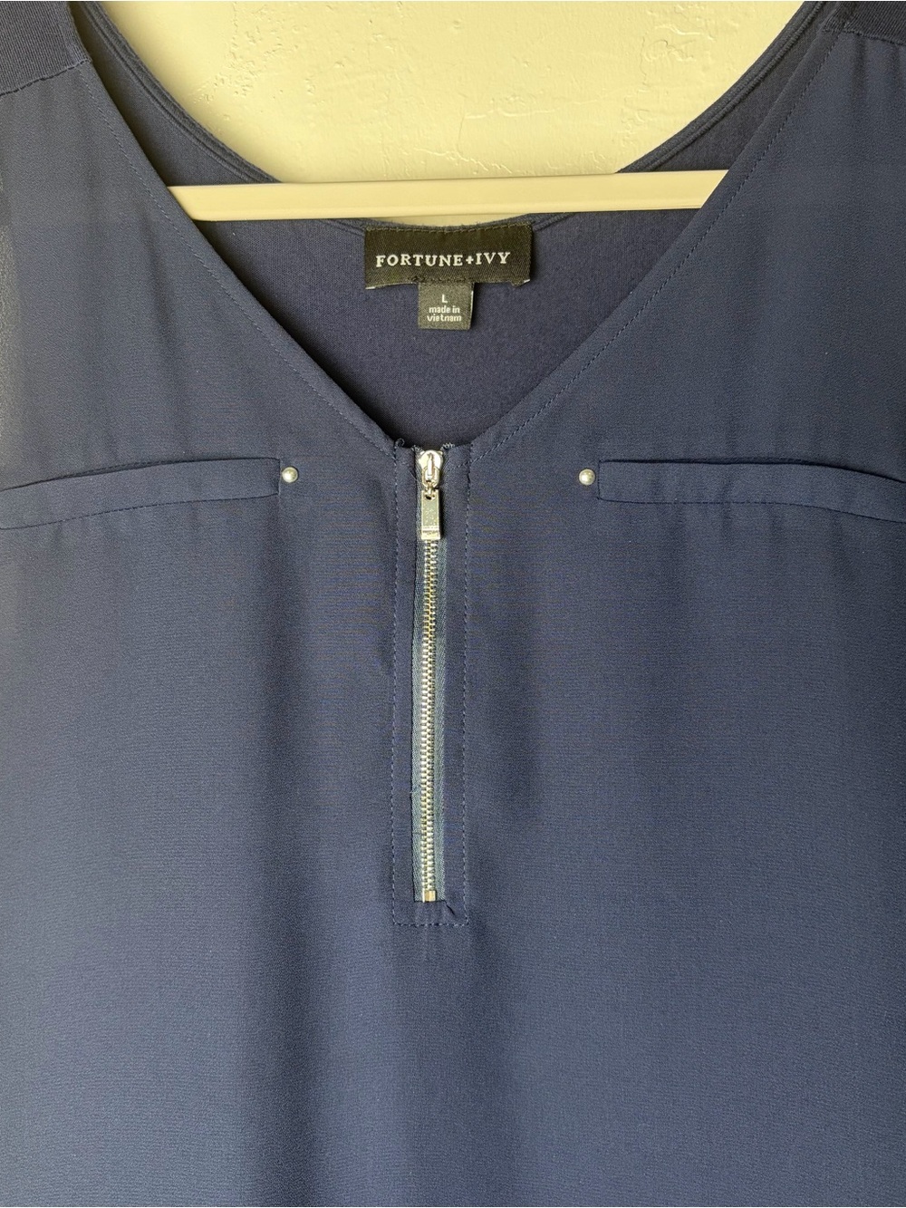 Fortune + Ivy Navy Zip-Front Women's Blouse